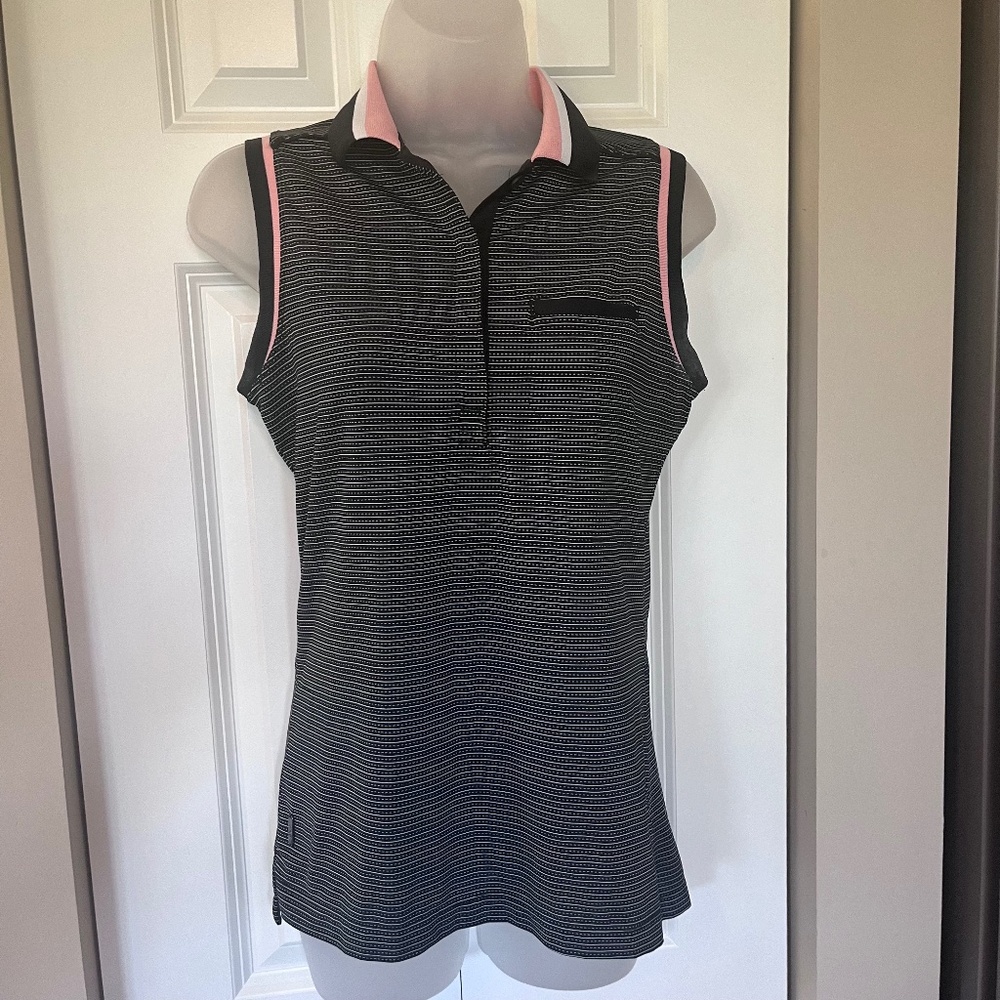 Black, white and pink collared golf shirt by Lole, small, pickleball tennis